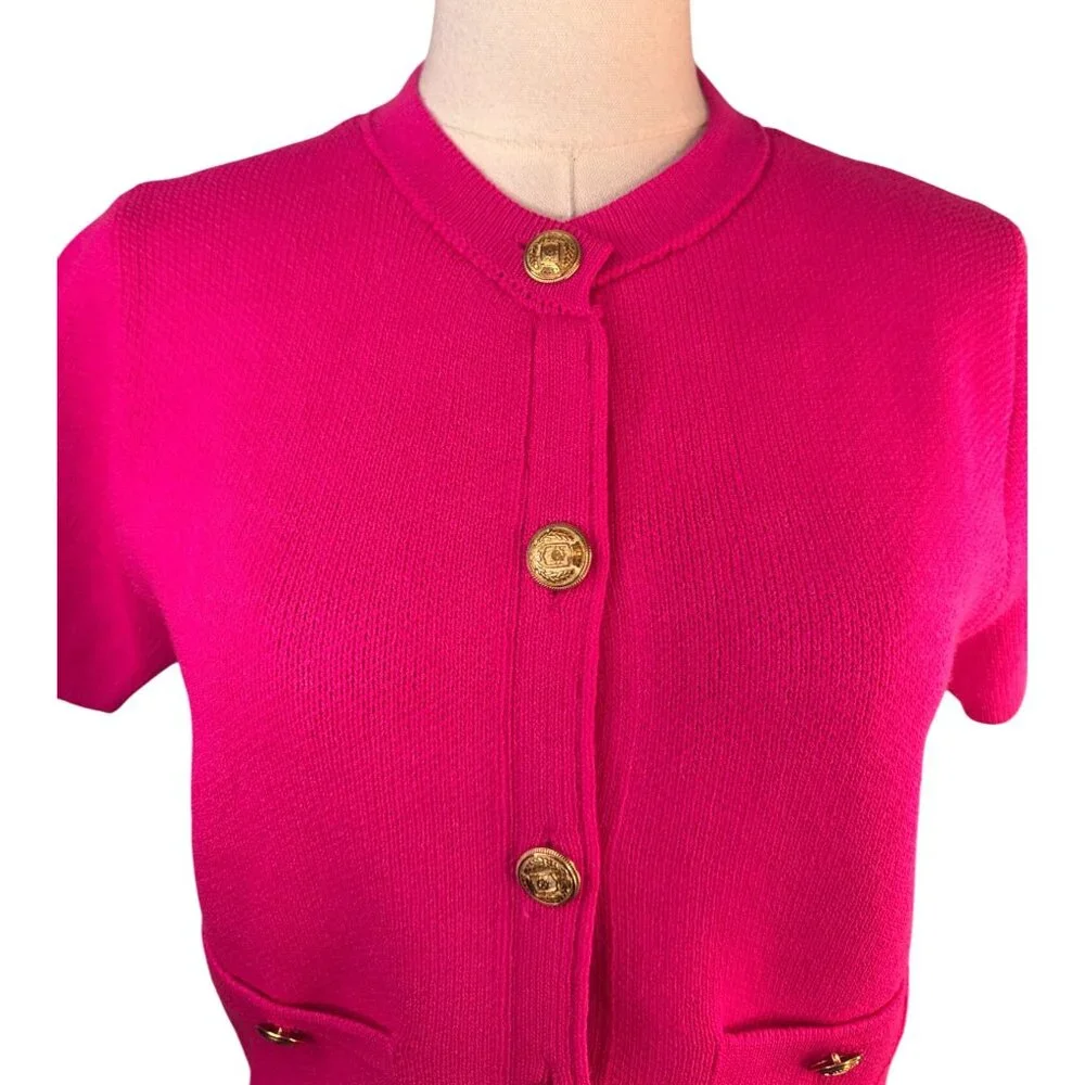 ZARA Bright Pink Short Sleeve Small Knit Cardigan With Gold Buttons & Pockets - Picture 10 of 16